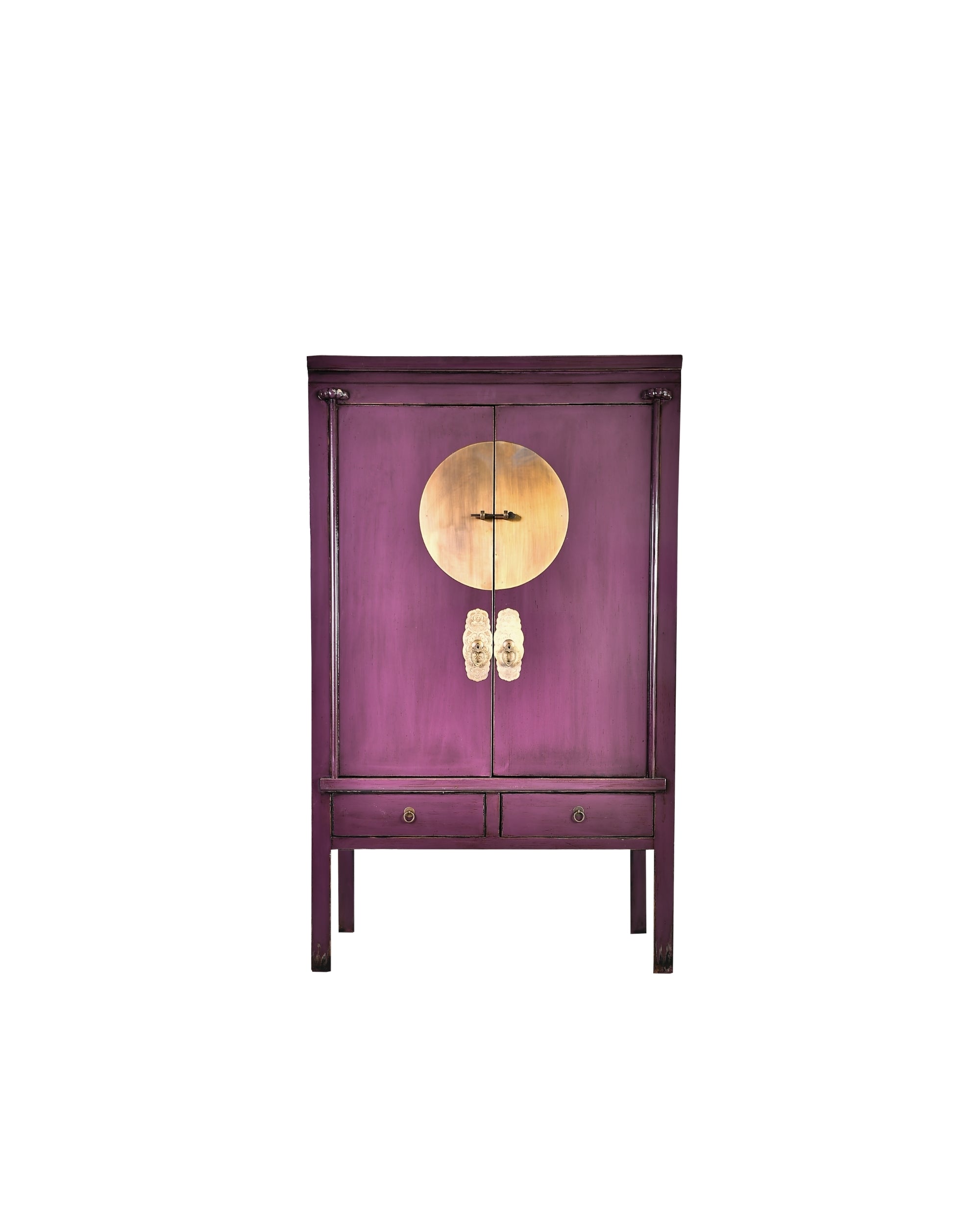 Purple cabinet with gold circular design on a white background