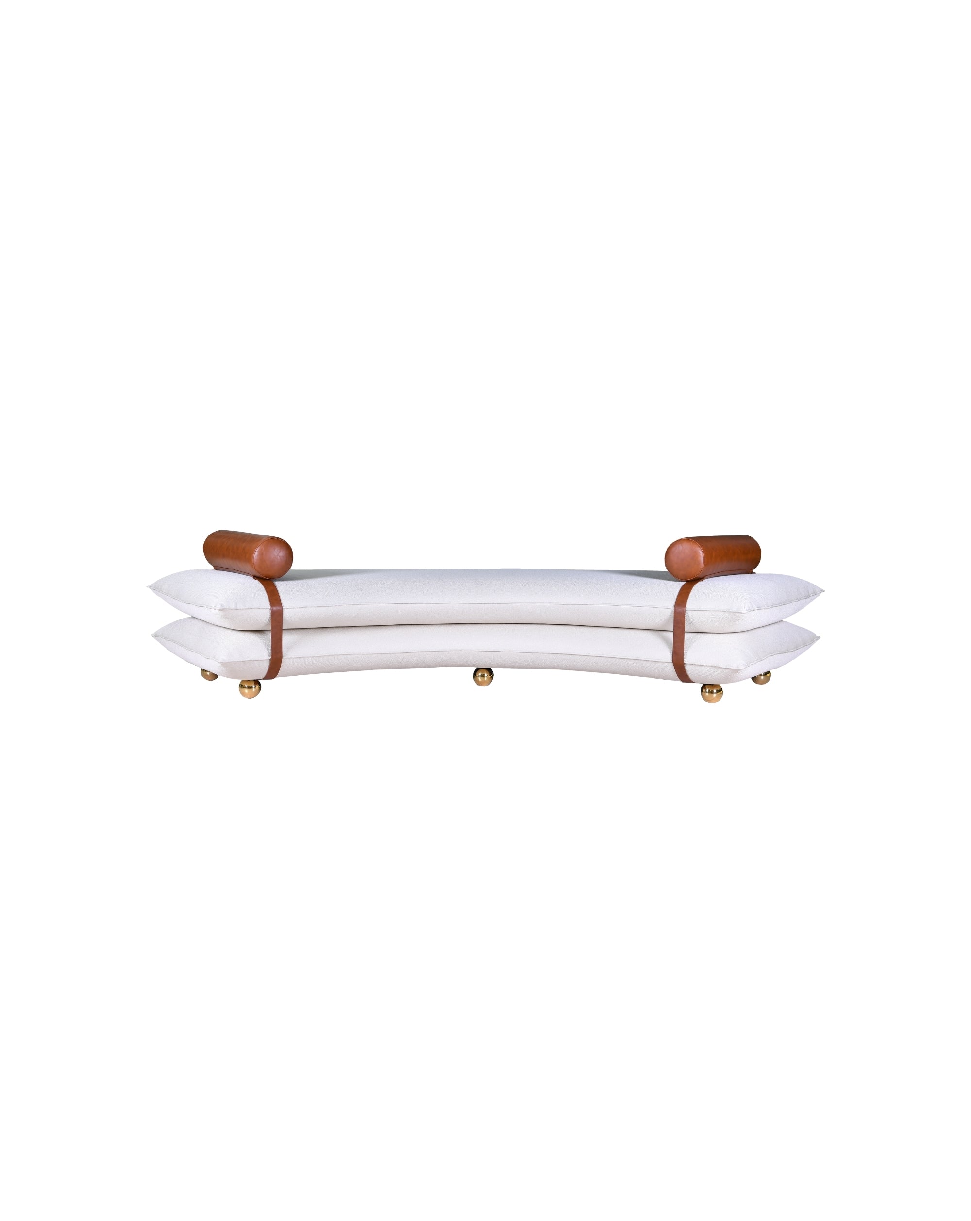 White bench with brown armrests and gold legs on a white background