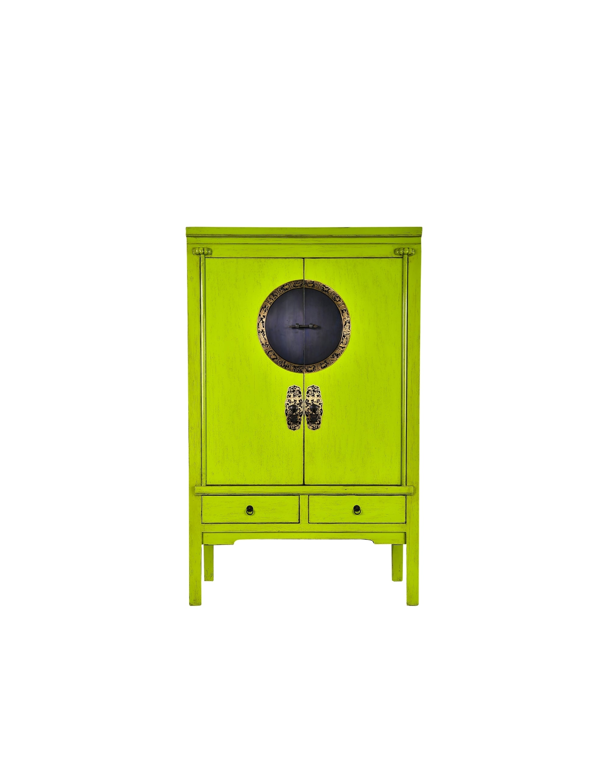 Green cabinet with a round door on a white background