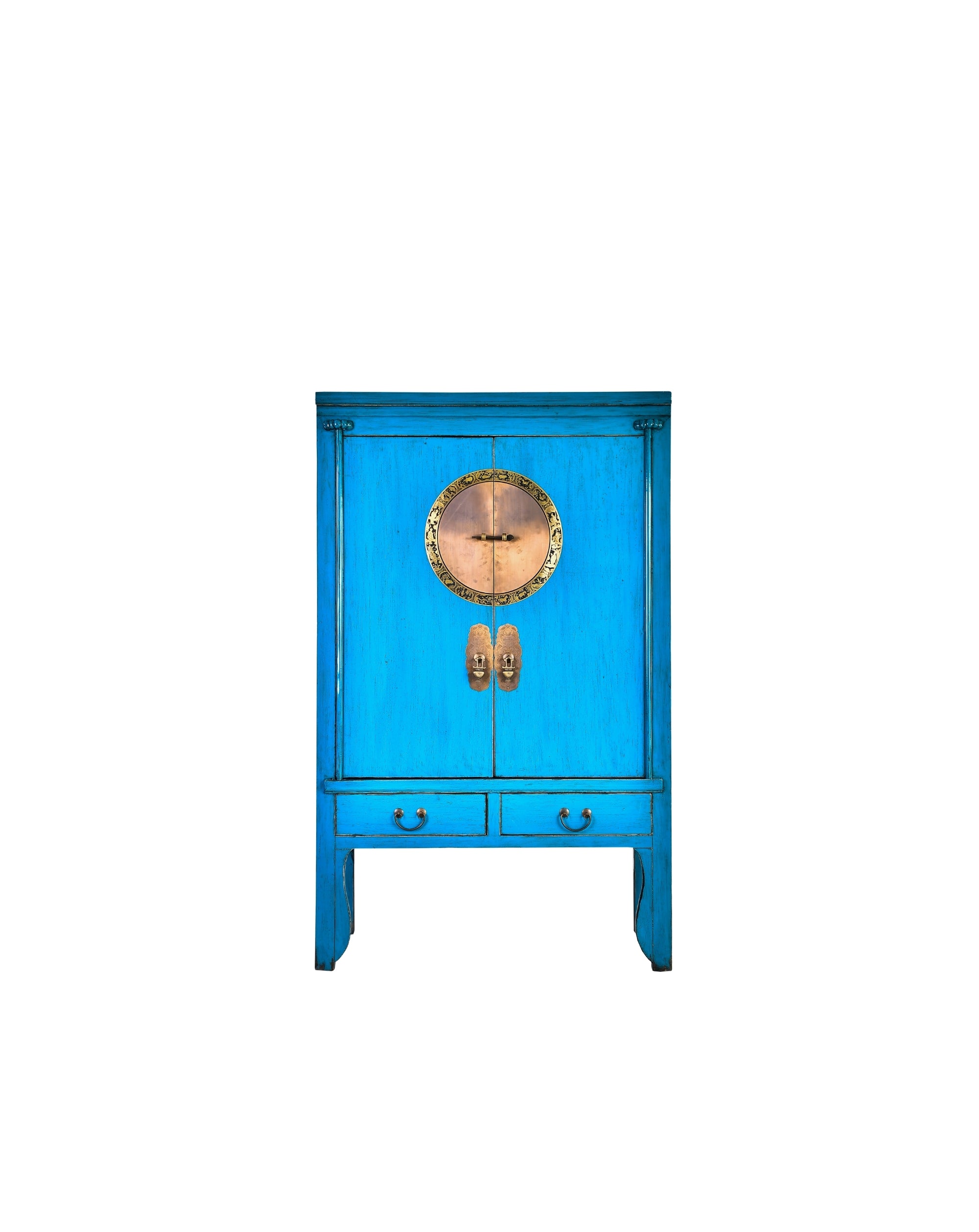 Blue cabinet with gold accents on a white background