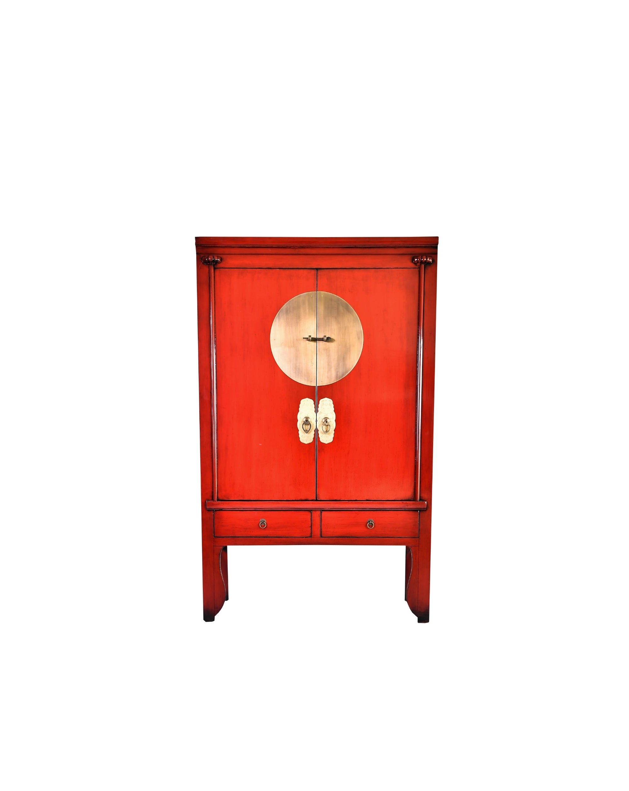 Red cabinet with gold circular design on a white background