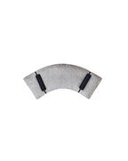 Gray arch-shaped sofa bench with black cylindrical cushions on a white background