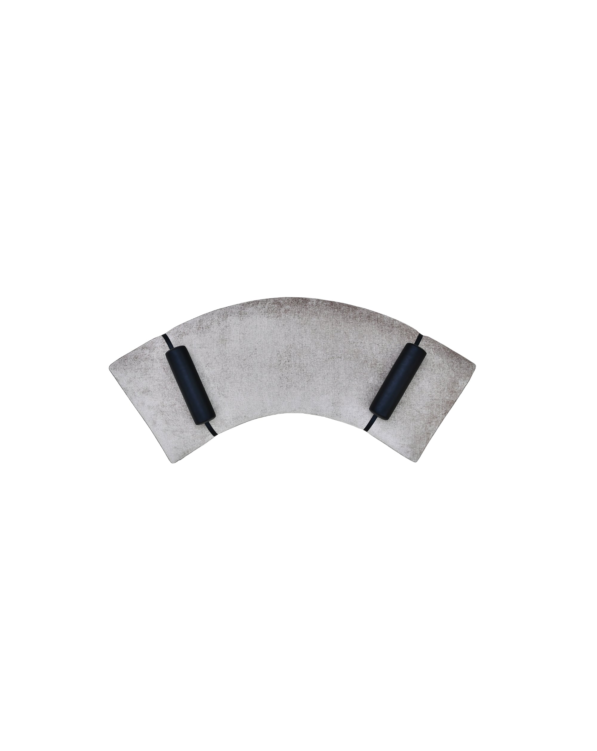 Gray arch-shaped sofa bench with black cylindrical cushions on a white background