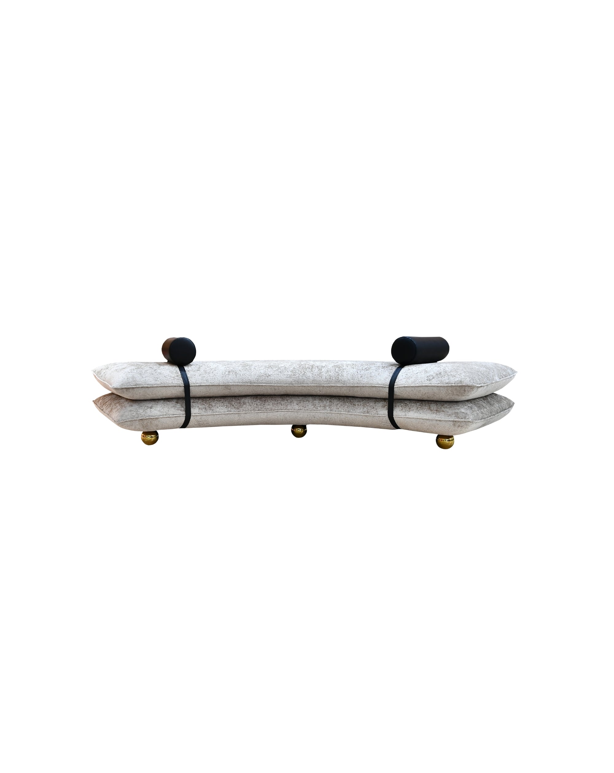 Decorative sofa bench in tuape with black leather and gold accents on a white background
