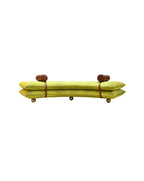 sofa bench with bright green fabric with wooden print