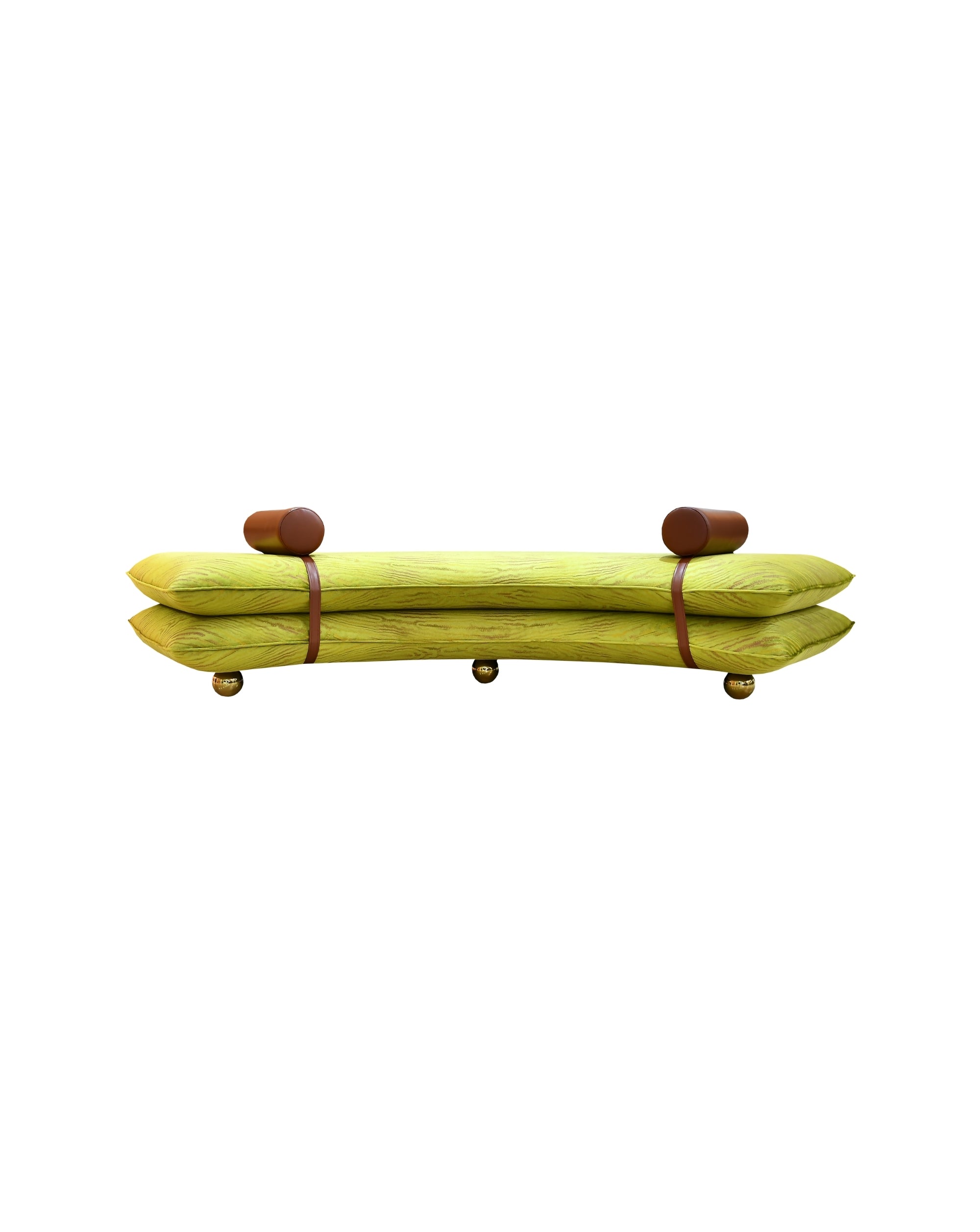 sofa bench with bright green fabric with wooden print