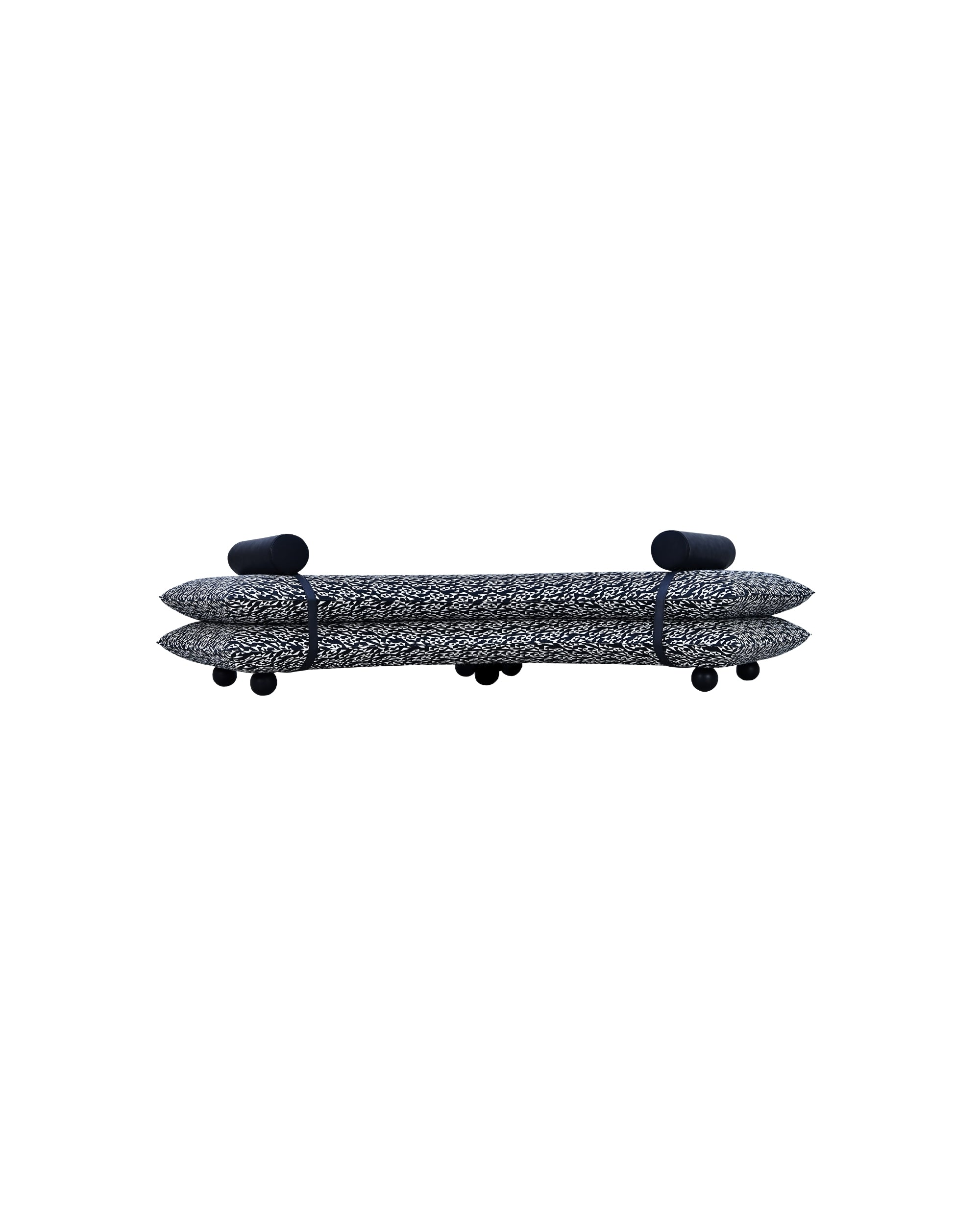 long soft bench with textured surface and black ends on a white background